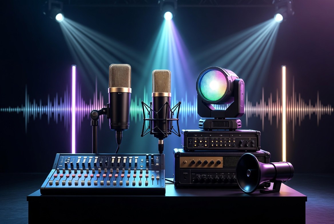 Professional studio setup with condenser microphones, a mixing console, audio interfaces, and stage lighting